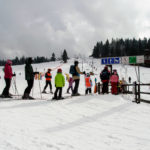 Queue of skiers at ski lift The queue of skiers on the lift.