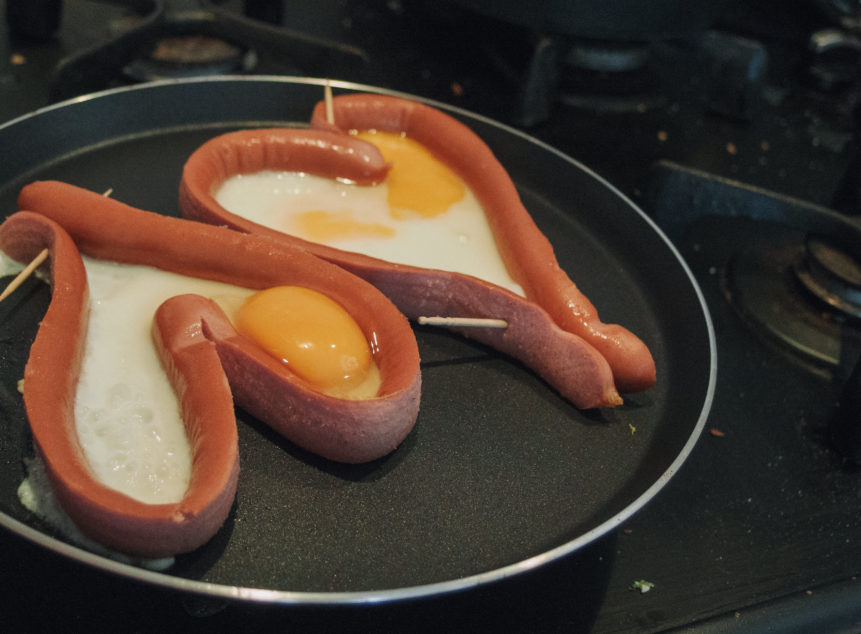 Valentine Food - Sausages In the Shape of a Heart With Eggs