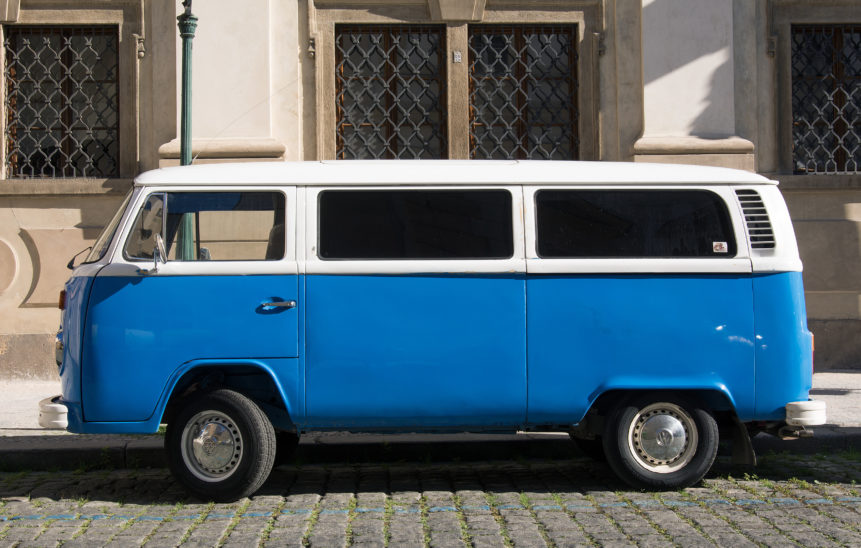 White/Blue Volkswagen Bus T2 Transporter
