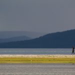 Lonely girl walking by the Khovsgol lake in Mongolia
