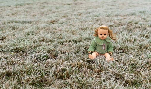 Doll Creepy ນັ່ງຢູ່ໃນທົ່ງຫຍ້າ